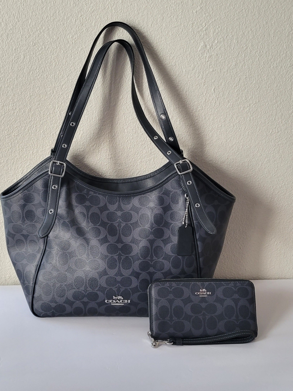 Coach Black/Charcoal Signature Canvas Tote with Zip Wallet